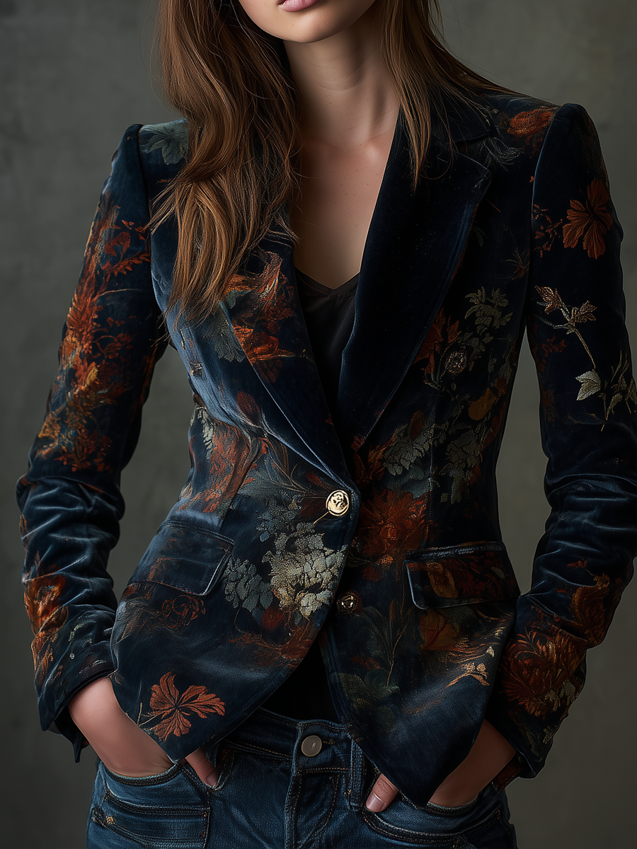Blazer in velluto floreale con bottoni metallici