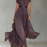 Flavia - Abito lungo viola con scollo a goccia e bordo in pizzo di chiffon