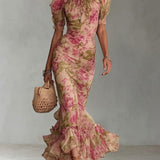 Fiora - Abito lungo con stampa vintage a rose e maniche a sbuffo