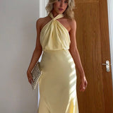 Ismira - Elegante abito lungo con scollo all'americana e ruches