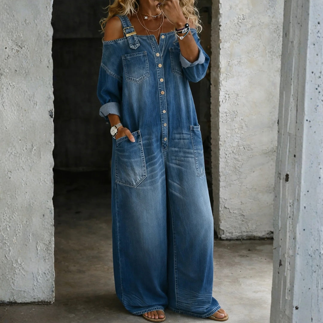 Tuta in Denim con Spalle Scoperte