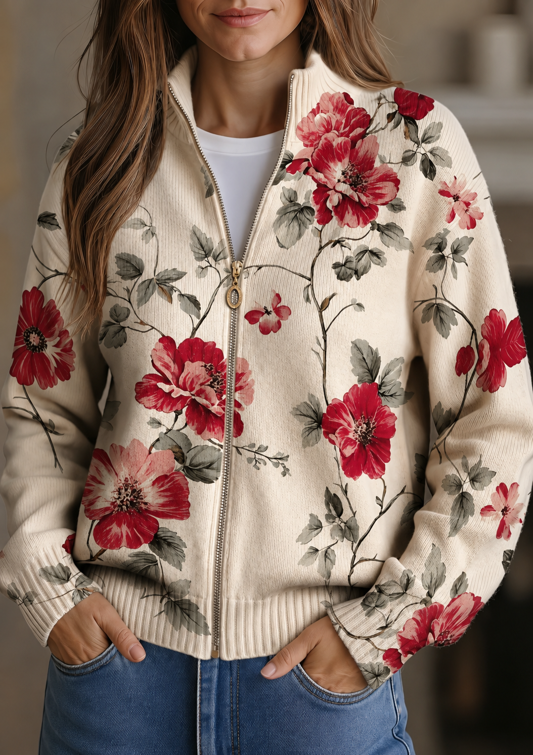 Cardigan con Zip e Rose