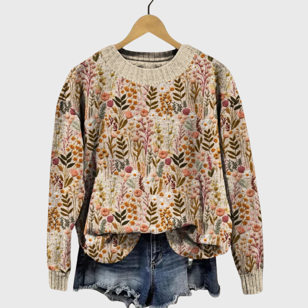 Maglione Beige Morbido con Motivo Floreale