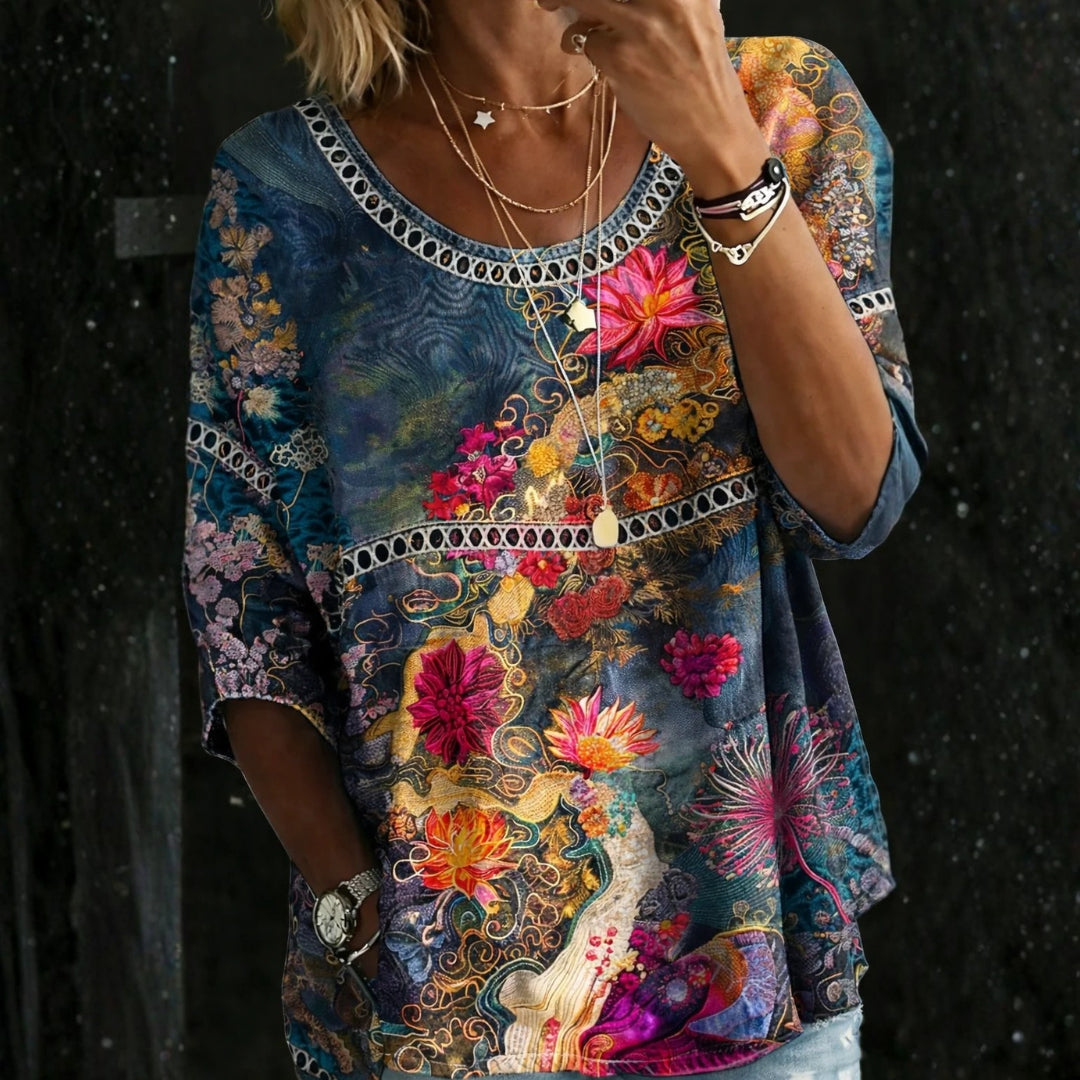 Blusa in Denim Vintage a Fiori