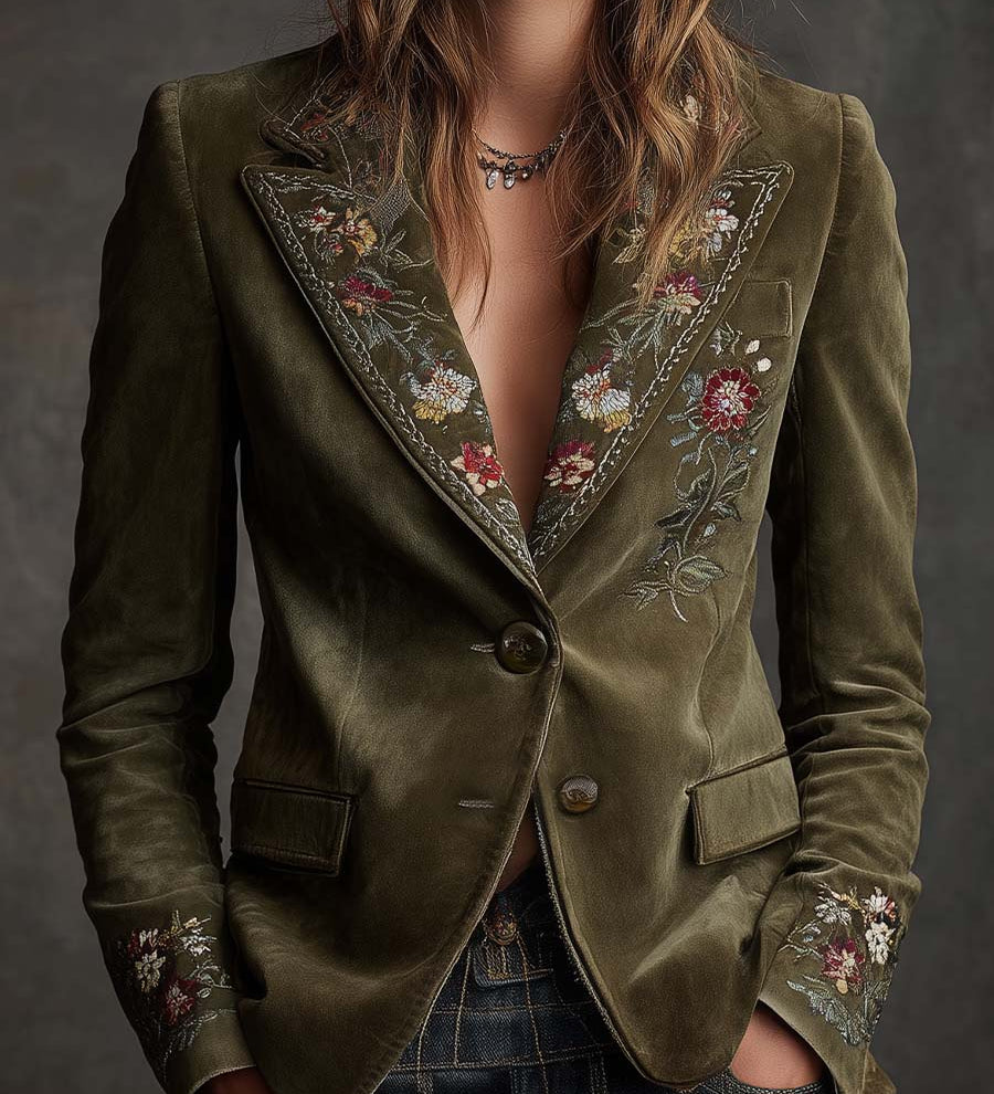 Blazer verde oliva in velluto ricamato