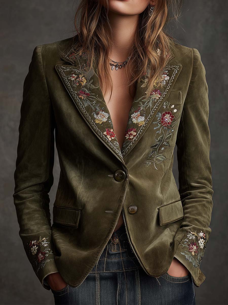 Blazer verde oliva in velluto ricamato