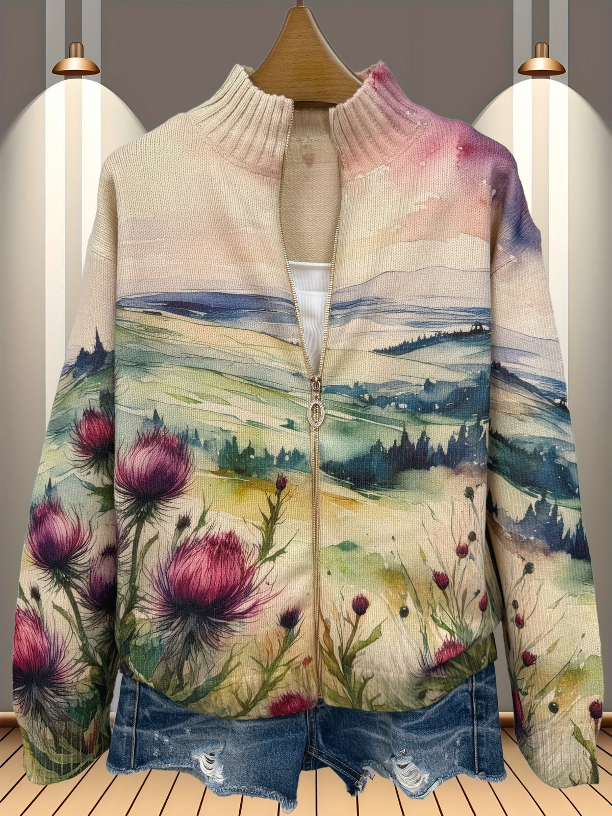 Cardigan con Zip e Paesaggio Floreale