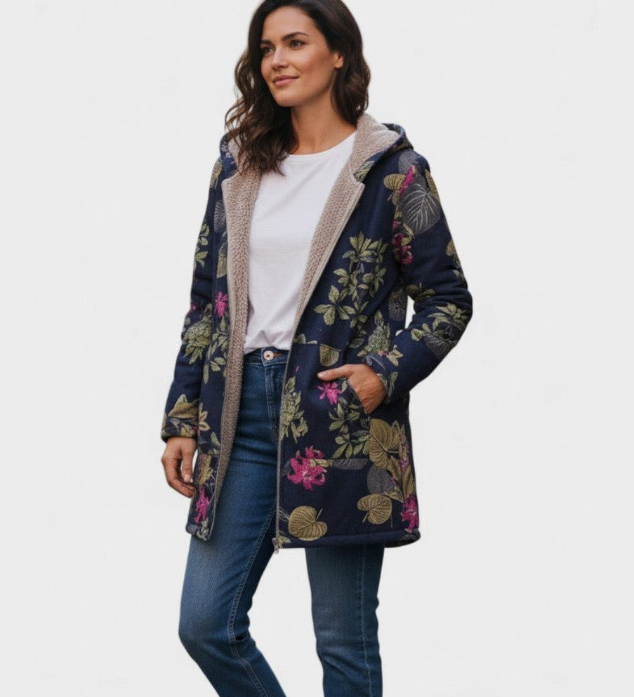 Cappotto in pile blu notte a fiori