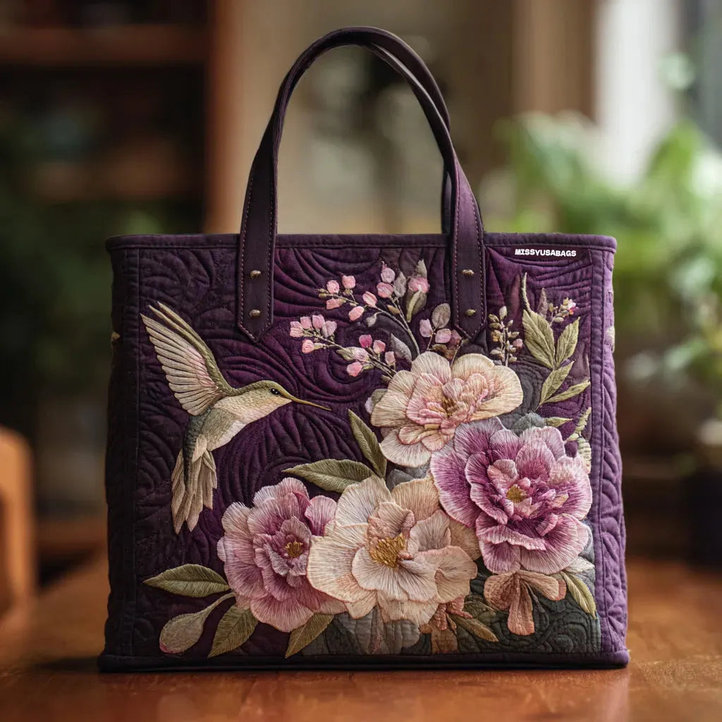 Borsa per la Spesa Trapuntata Viola con Colibrì e Orchidee
