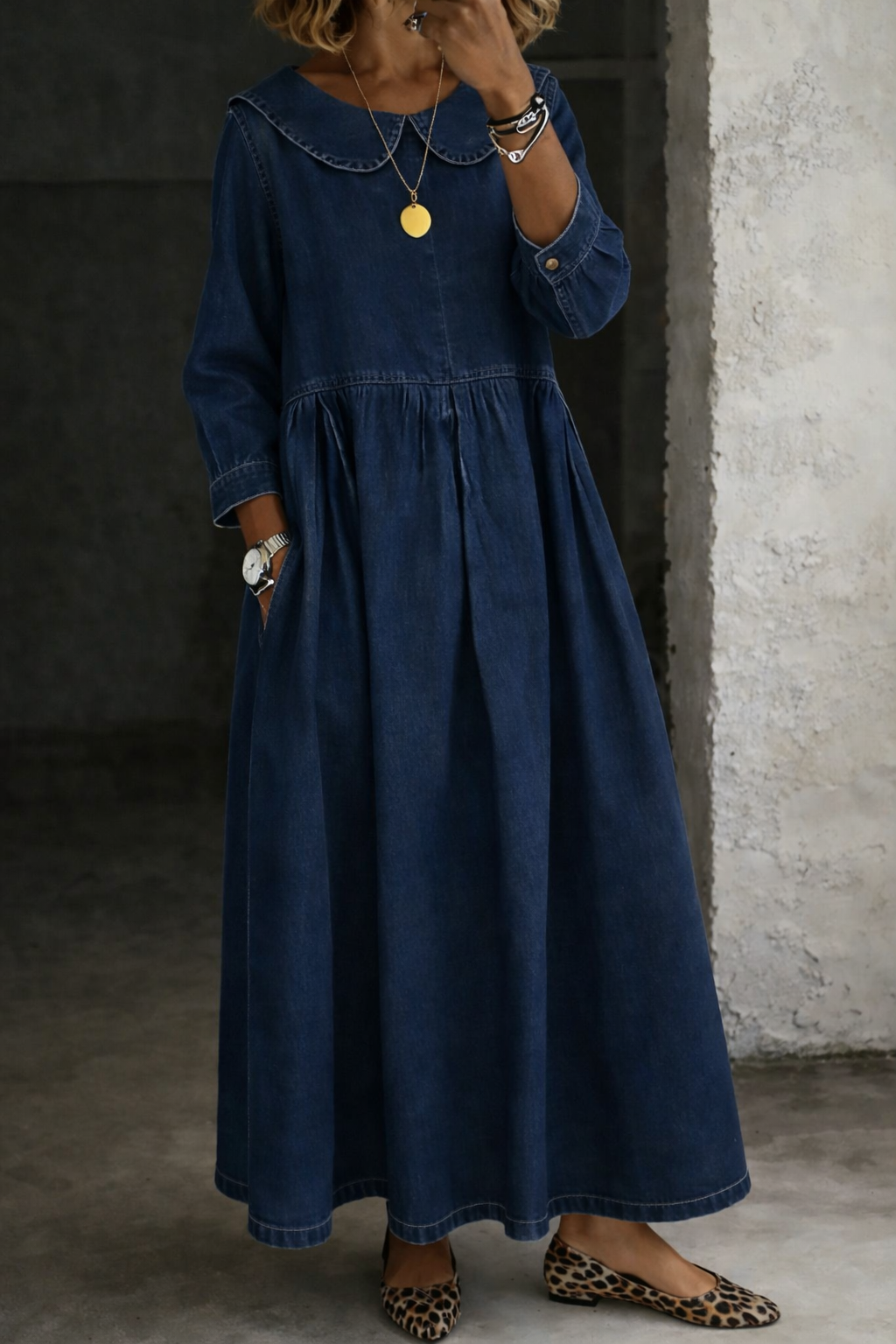 Abito in Denim con Colletto alla Peter Pan