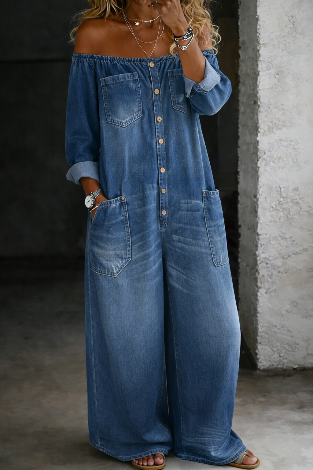 Sidonie | Combinazione in denim con spalle scoperte