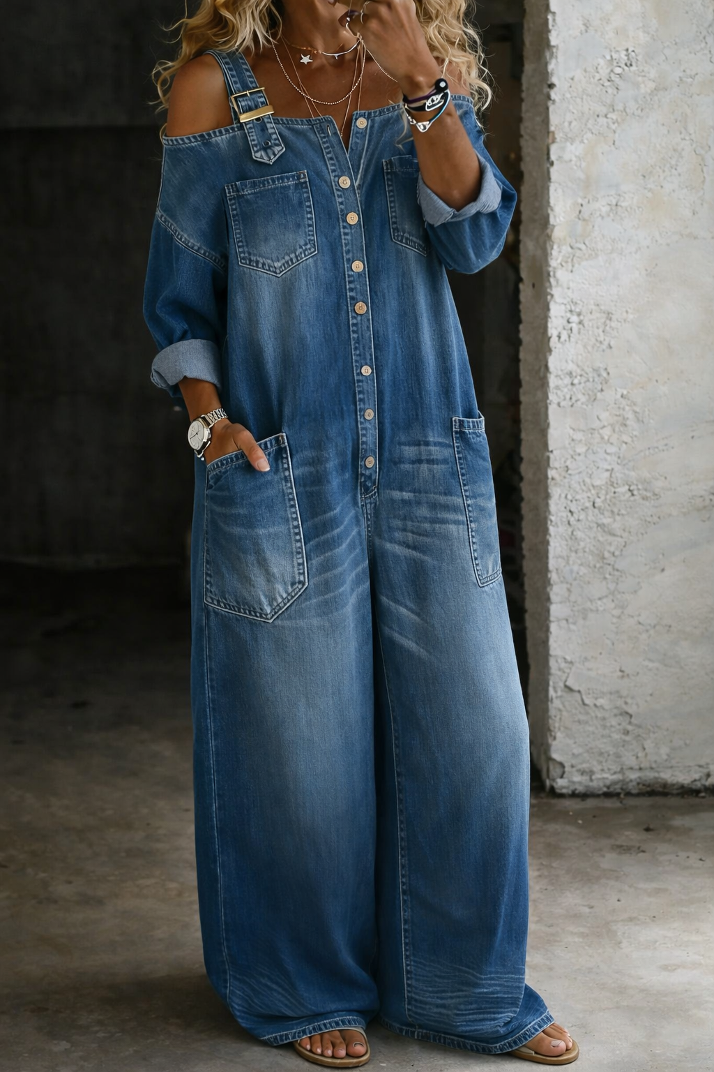 Tuta in Denim con Spalle Scoperte