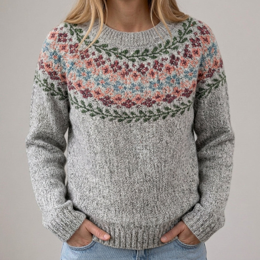 Maglione Retrò Grigio con Motivo Floreale