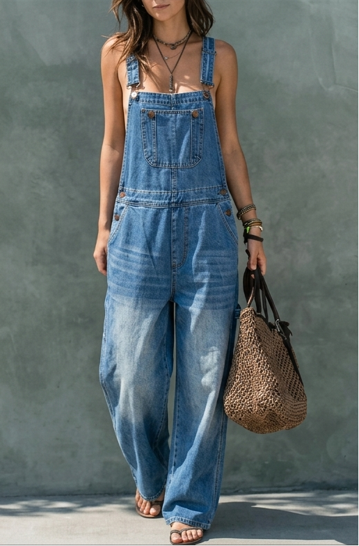 Salopette in Denim con Vita Elasticizzata