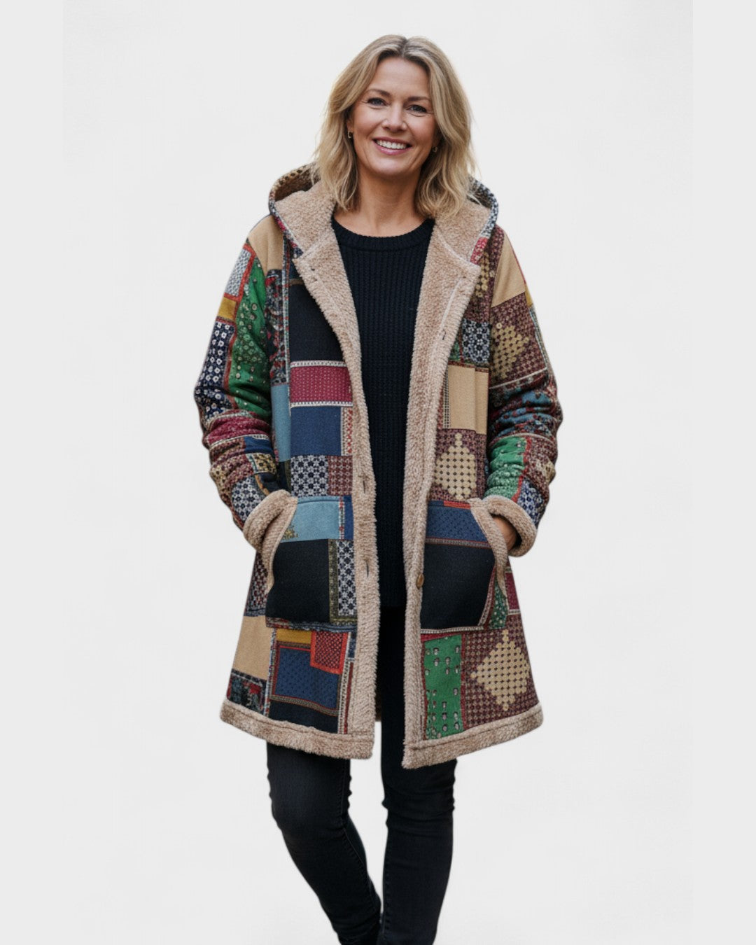 Pullover in pile patchwork nei toni della terra