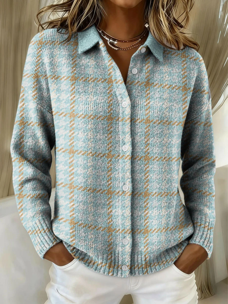 Cardigan in Maglia a Quadri Azzurri con Bottoni