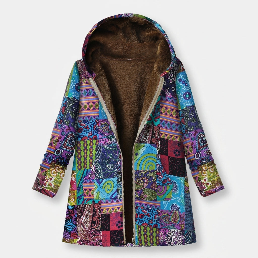 Giacca in pile patchwork blu con cappuccio