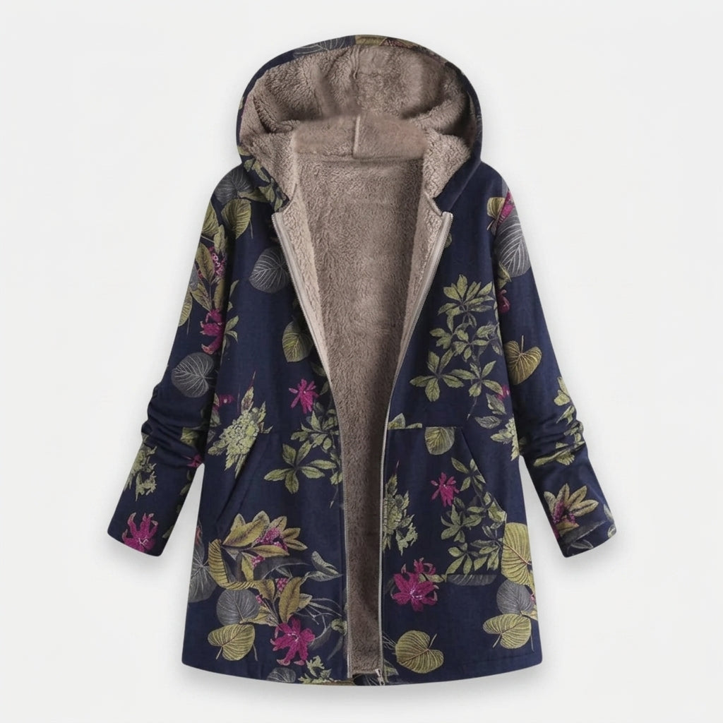 Cappotto in pile blu notte a fiori