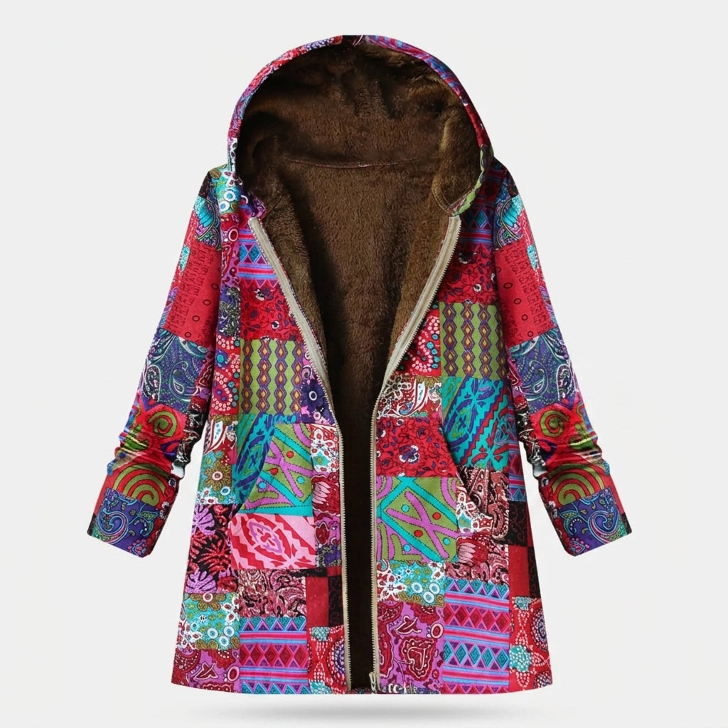 Giacca in pile patchwork rosa con cappuccio