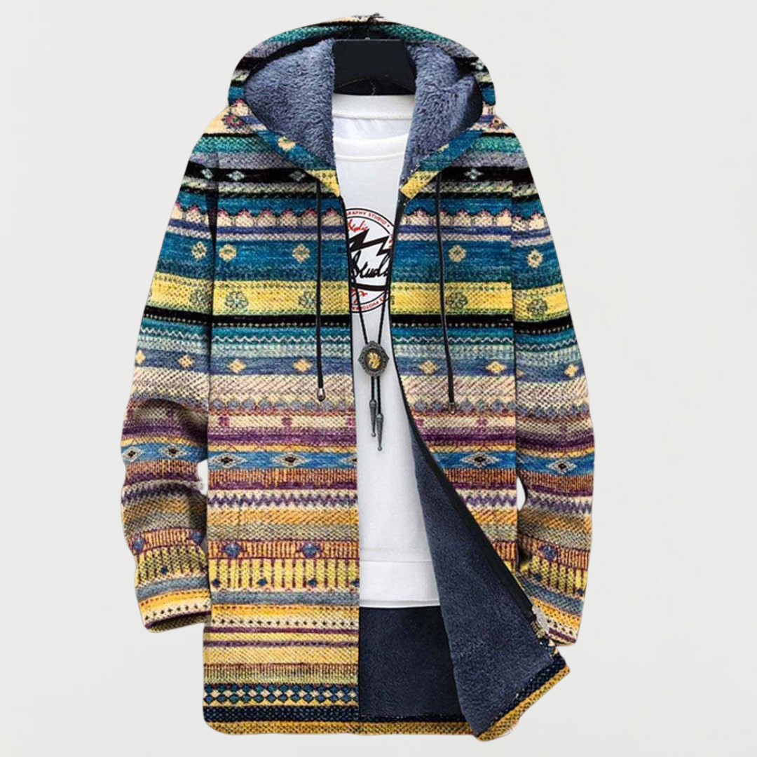 Giacca con cappuccio a righe etniche multicolori