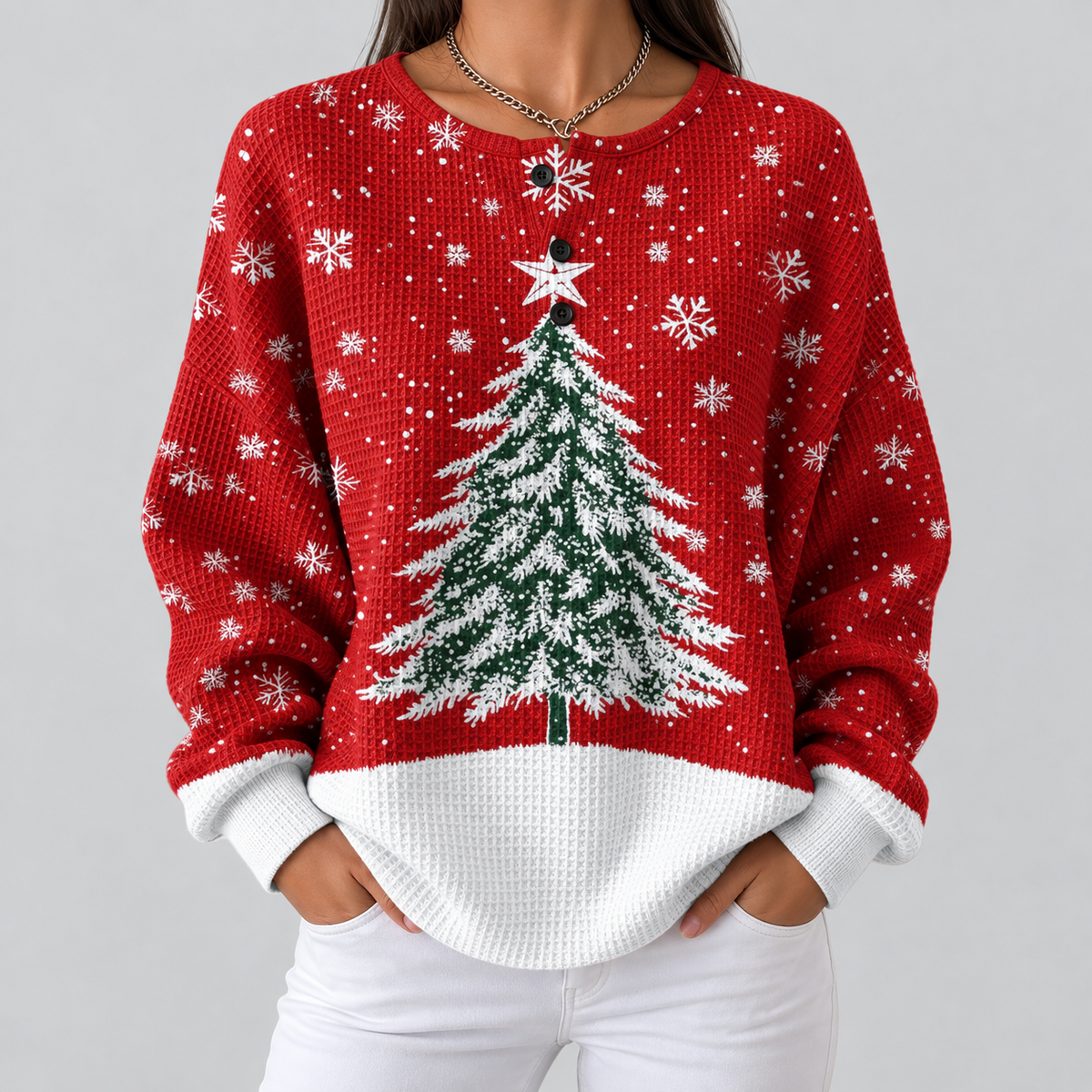 Maglione Rosso con Albero Innevato