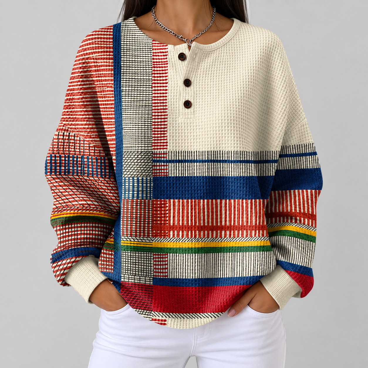Maglione a Righe e Blocchi Crema
