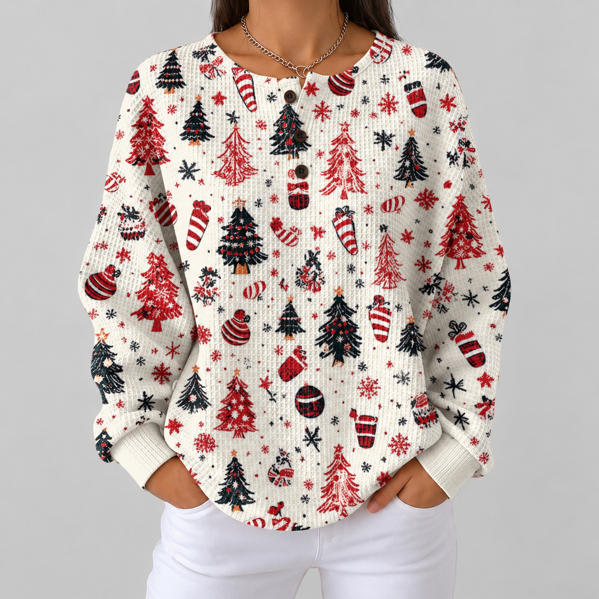 Maglione Bianco con Alberi e Palline di Natale