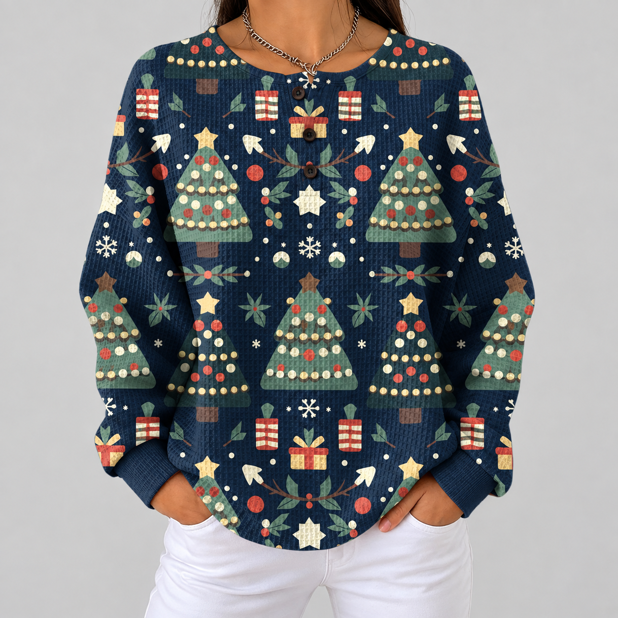 Maglione Blu Notte con Alberi di Natale