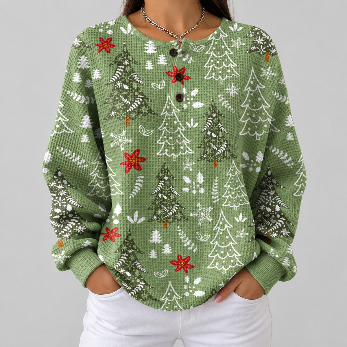 Maglione Verde con Alberi e Stelle di Natale