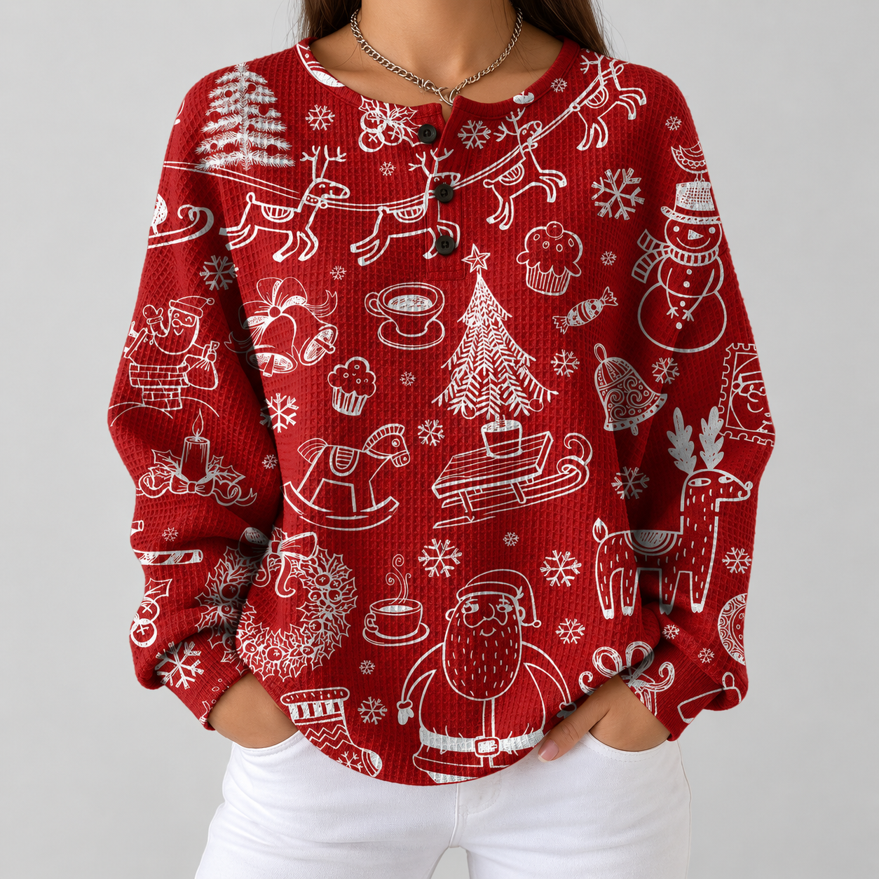 Maglione Natalizio Rosso con Motivi Bianchi