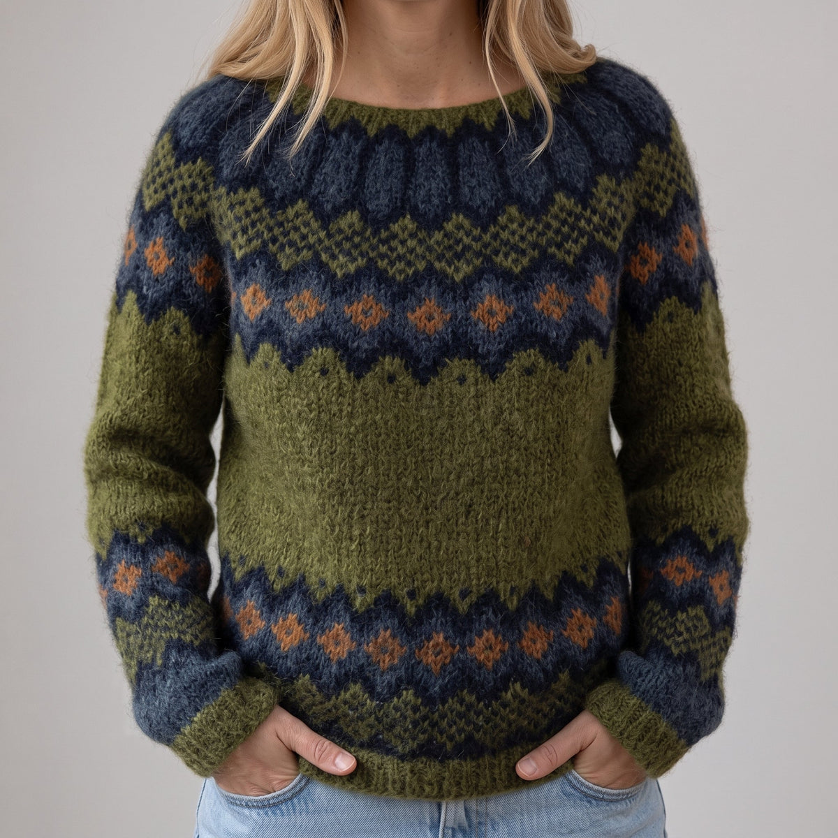 Maglione Retrò Verde Oliva con Motivo a Zigzag