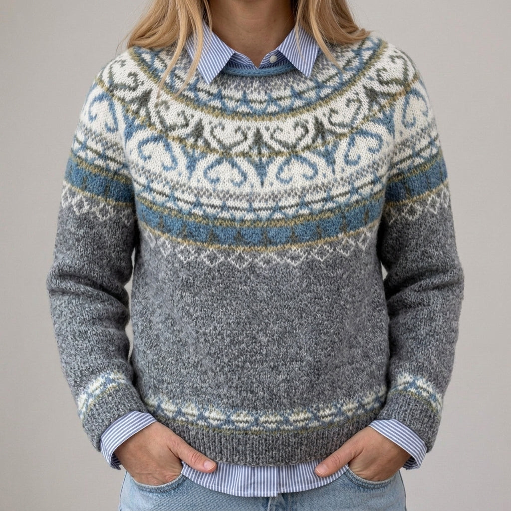 Maglione Vintage Grigio Chiaro con Motivo Norvegese