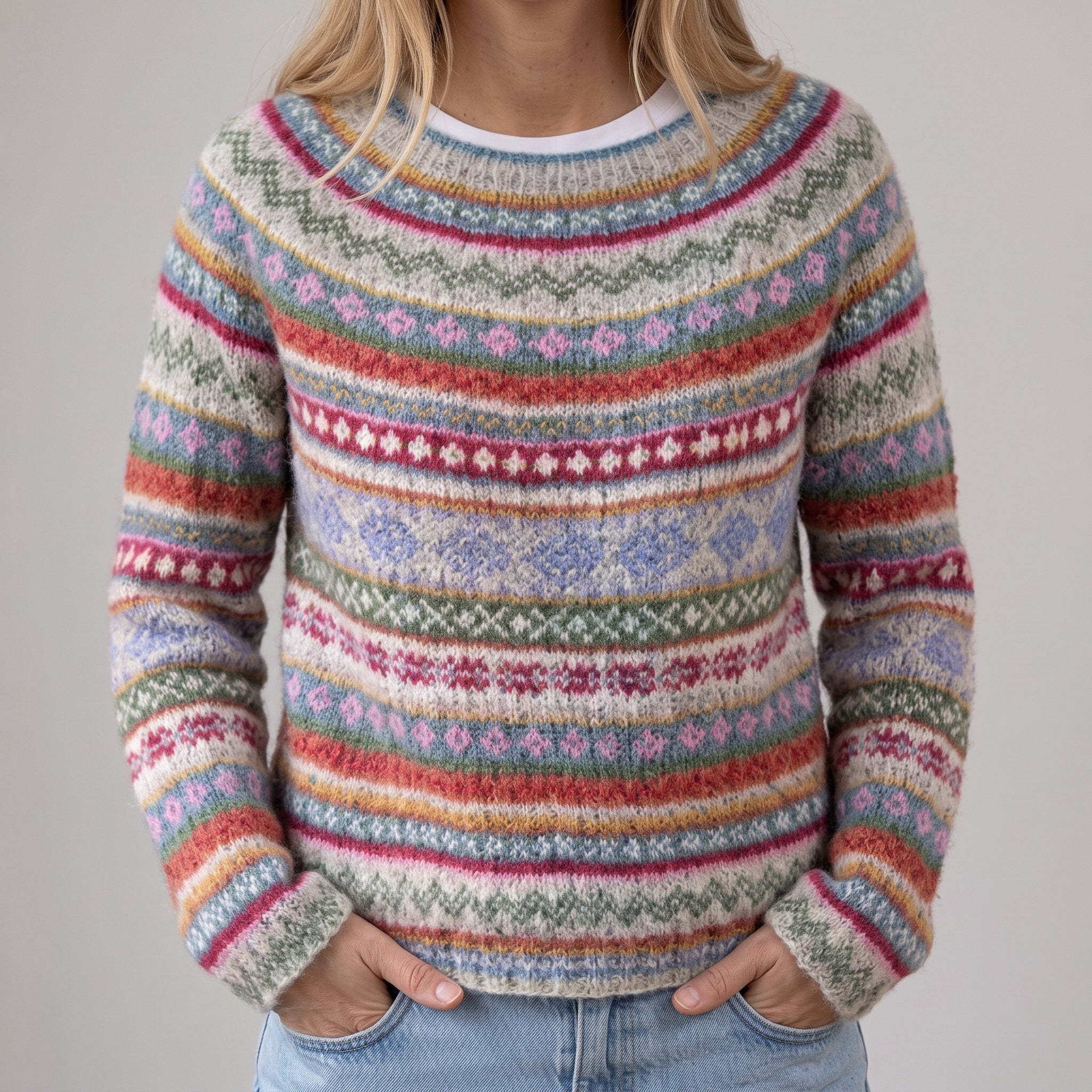 Maglione Retrò Grigio con Motivo Norvegese Multicolore