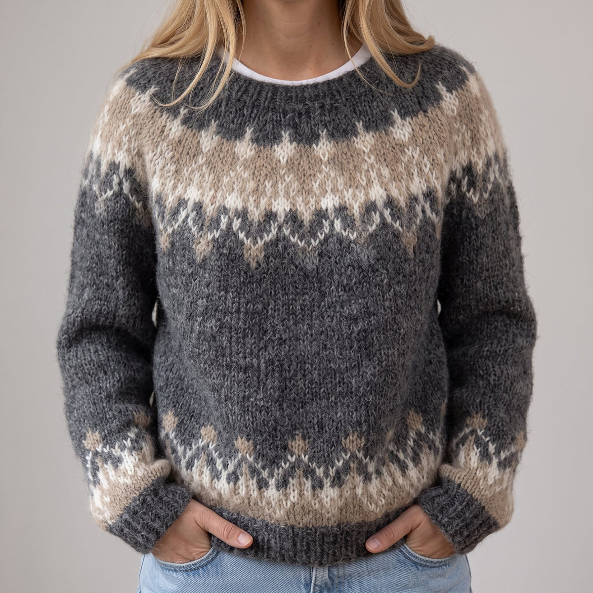 Maglione Marrone Avvolgente con Motivo Norvegese