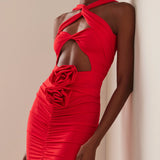 Rosalinda – Abito Rosso Cut-Out con Dettagli a Rosa