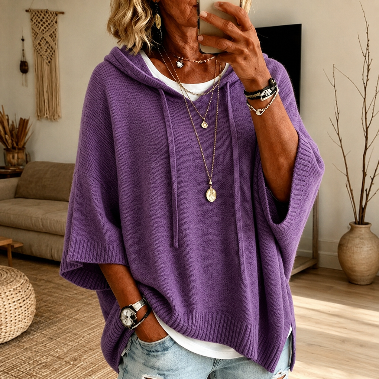 Maglia poncho viola con cappuccio