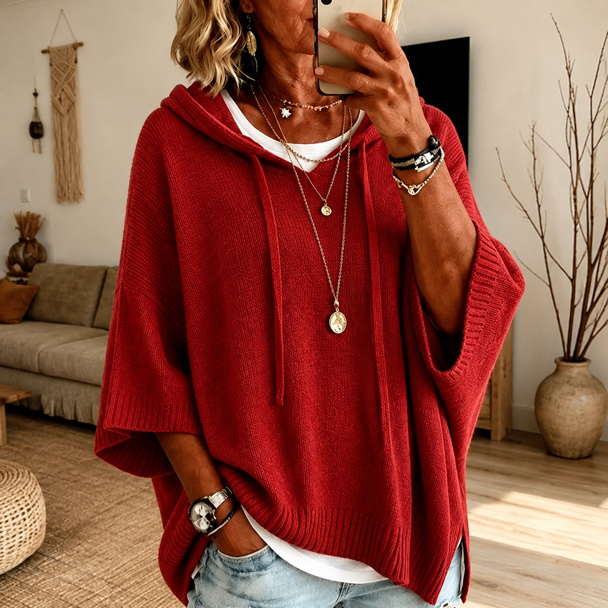 Maglia poncho rossa con cappuccio
