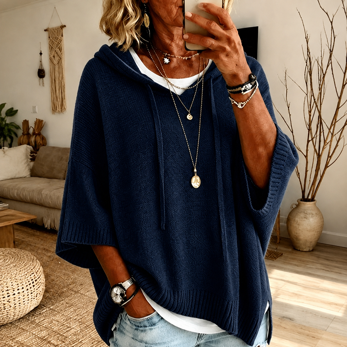Maglia poncho blu notte con cappuccio