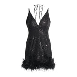 Lorella - Mini abito senza maniche in paillettes con scollo a V e piume