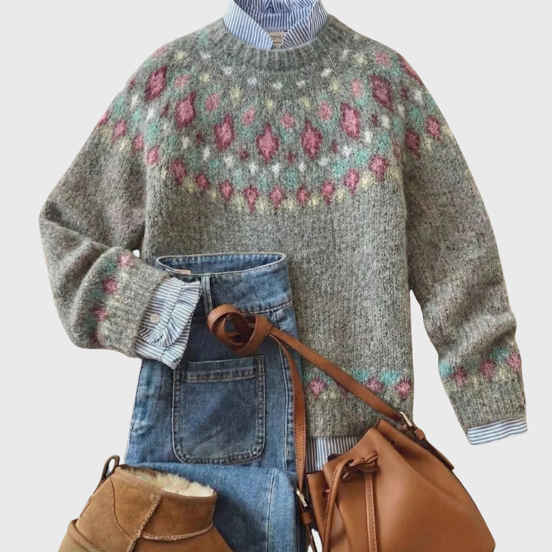 Maglione Vintage Grigio con Motivo Floreale