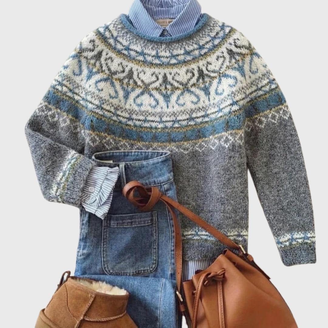 Maglione Vintage Grigio Chiaro con Motivo Norvegese