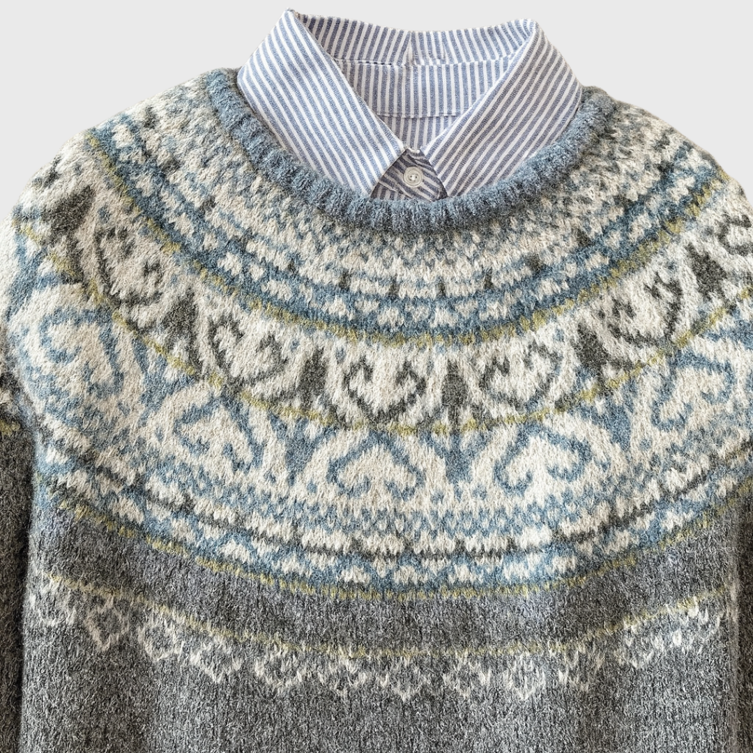 Maglione Vintage Grigio Chiaro con Motivo Norvegese