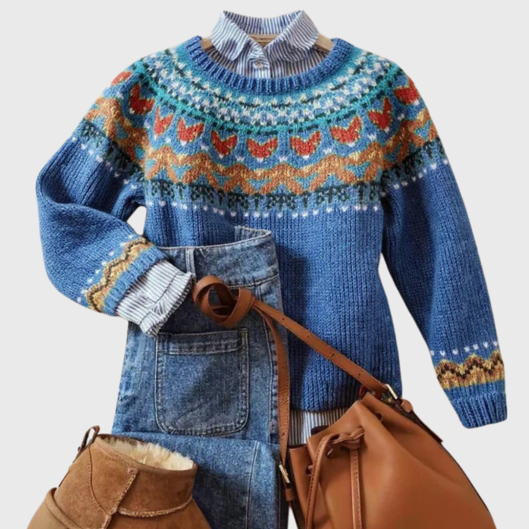 Maglione Vintage Blu con Motivo Norvegese