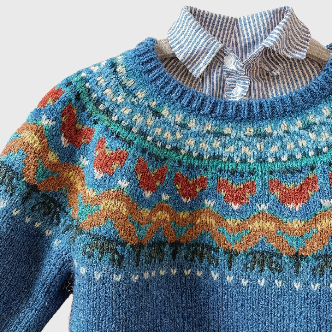 Maglione Vintage Blu con Motivo Norvegese