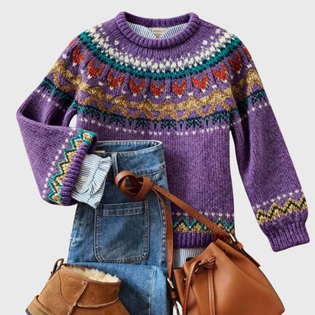 Maglione Vintage Lilla con Motivo Norvegese