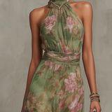 Serena ∙ Abito lungo verde a fiori in chiffon con scollo all'americana