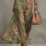 Serena ∙ Abito lungo verde a fiori in chiffon con scollo all'americana
