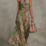 Serena ∙ Abito lungo verde a fiori in chiffon con scollo all'americana