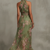 Serena ∙ Abito lungo verde a fiori in chiffon con scollo all'americana