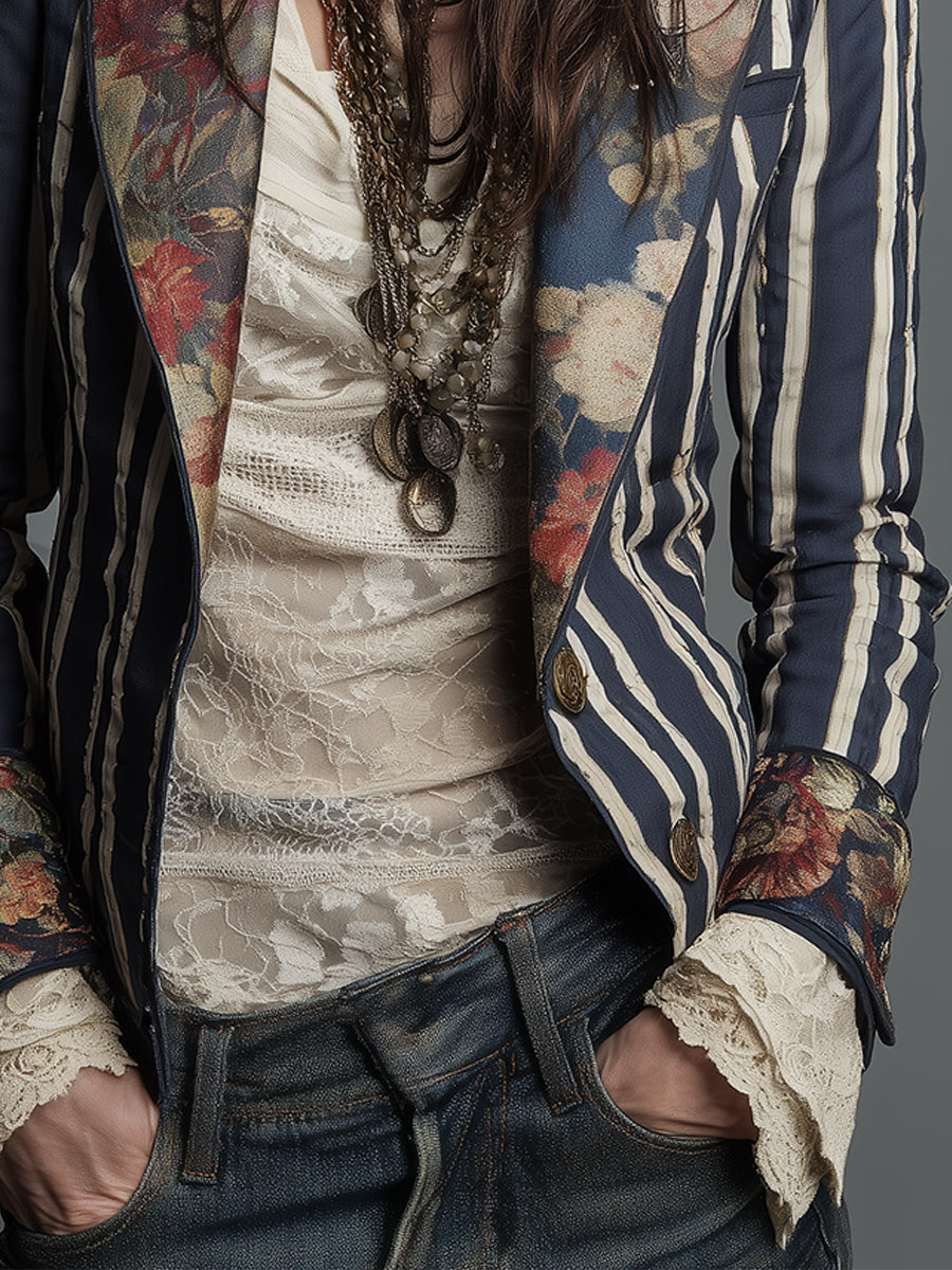 Blazer bohémien a righe e fiori
